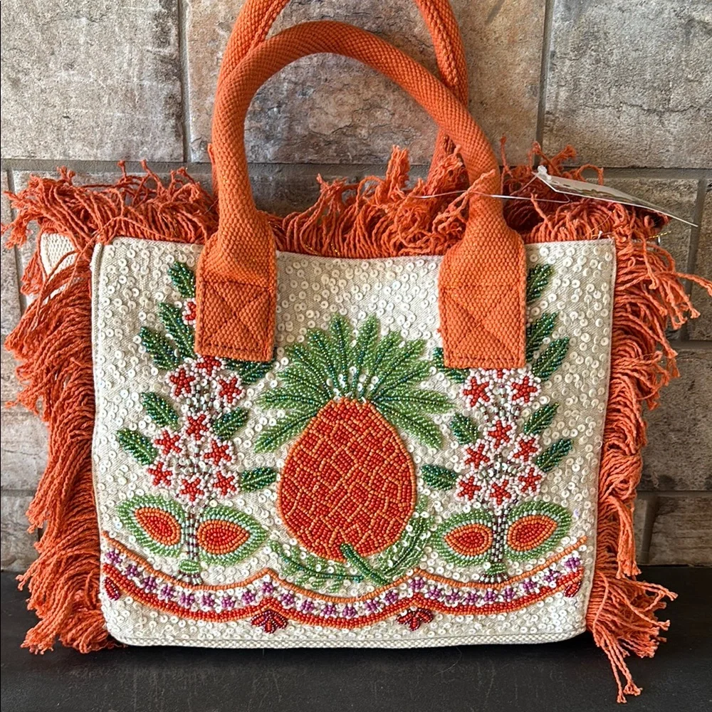 NWT Orange and White Beaded Tote Bag with Fringe - Picture 1 of 7